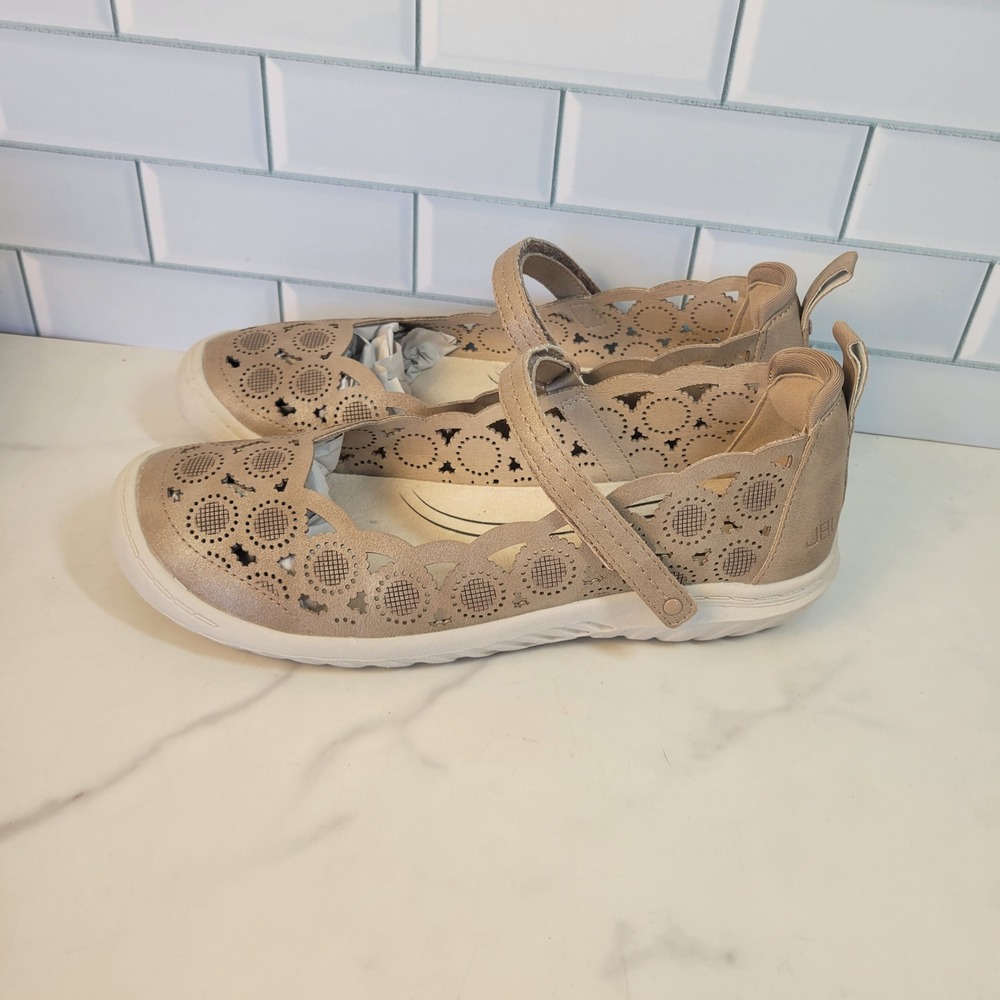 BU Jambu Womens Anne Flats Taupe Shimmer Size 7 Mary Janes Floral Cutout